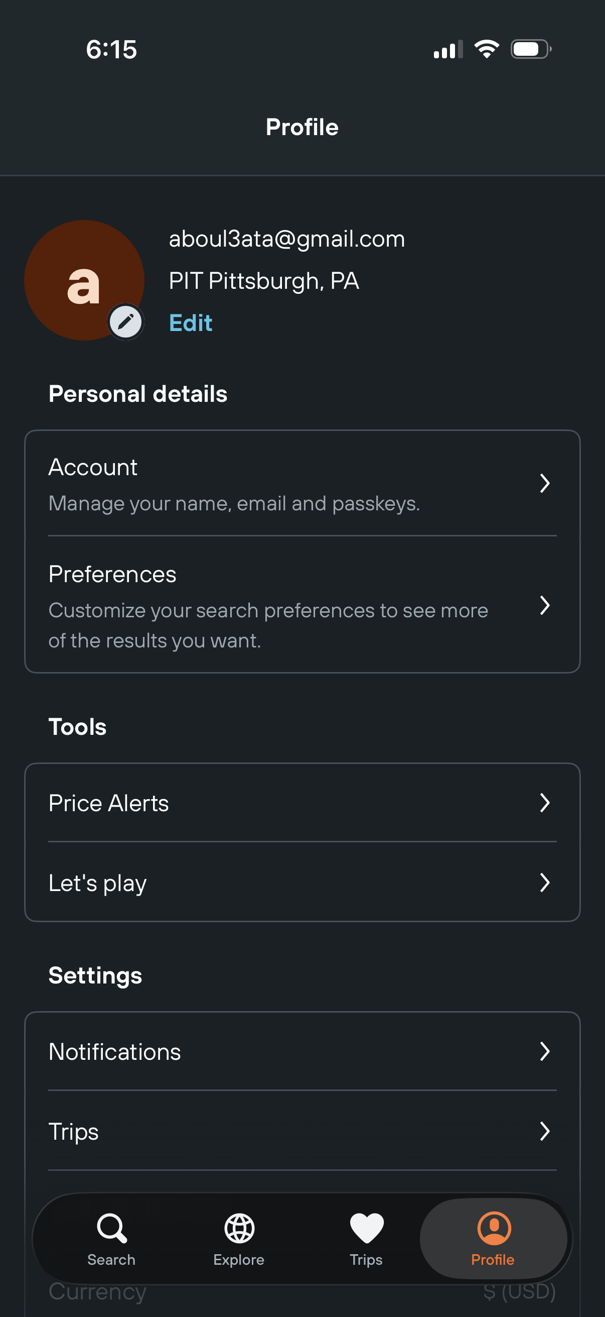 kayak settings screenshot